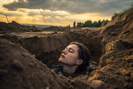 Woman Partially Submerged in a Muddy Trench at Sunset