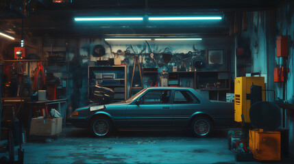 Naklejka premium old vintage, antique, old school car in the mechanic workshop during repair