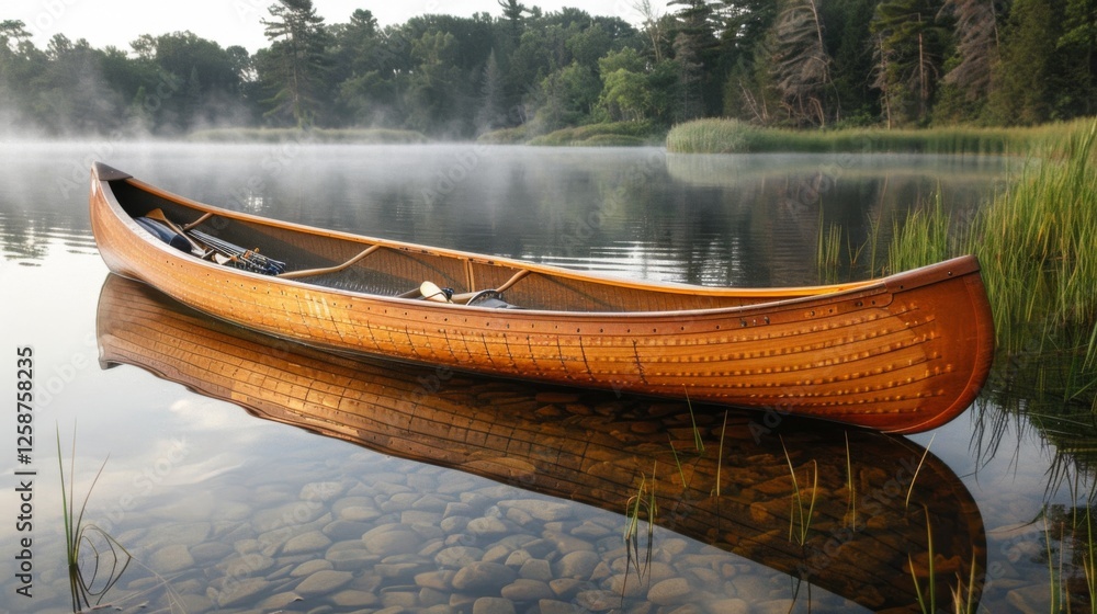 Poster a beautifully crafted wooden canoe sits quietly on the still waters of a serene lake, framed by dens