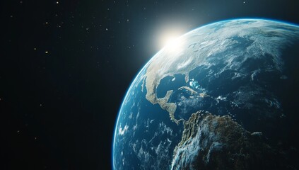 Obraz premium Sunrise Earth Space View, Planet, Orbit, Background Stars, Global