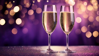 two champagne flutes filled to the brim sparkle against a backdrop of glittering bokeh lights and rich purple hues a celebratory scene perfect for toasting