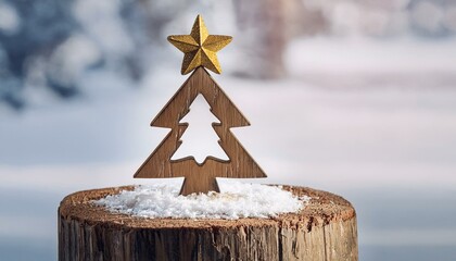 wooden christmas tree decoration standing on a tree trunk base with golden star and snow