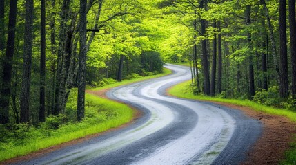 Obraz premium Winding Road Through Lush Green Forest Canopy