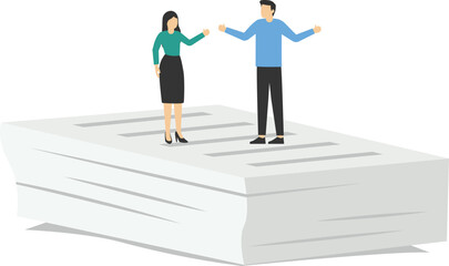 Businessman celebrating on a lot of documents after signing business agreement document. Business deal, agreement, contract, executive handshaking. Flat vector illustration

