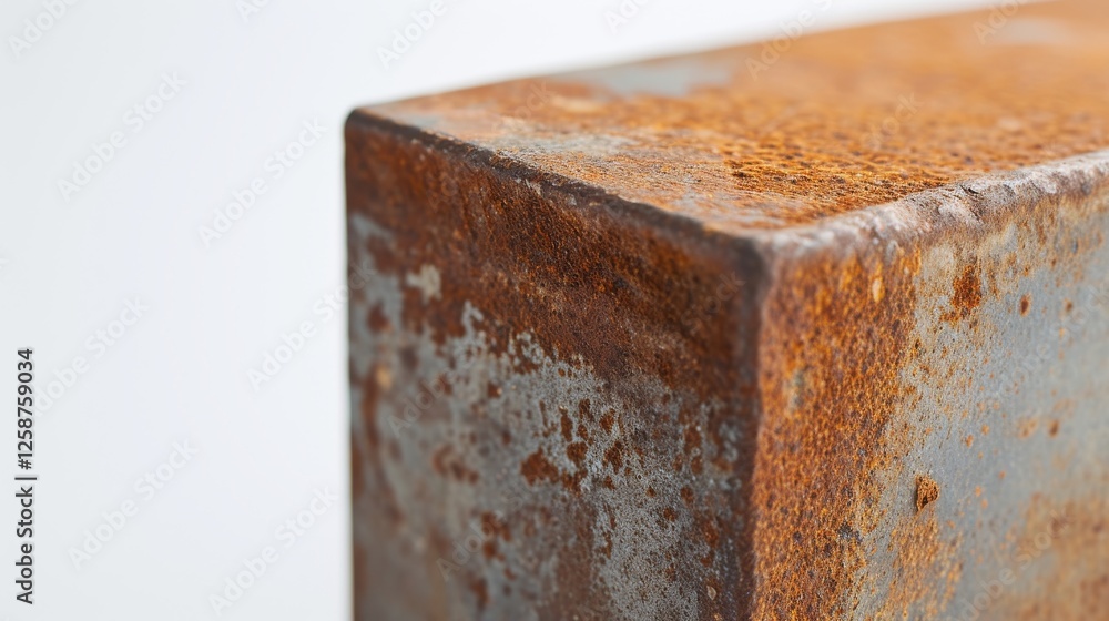 Poster macro view of a rusty and weathered metal block highlighting its texture and natural corrosion patte