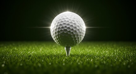 A golf ball sits on a tee surrounded by lush green grass, highlighted by dramatic lighting. Great for sports, recreation, and golf related projects