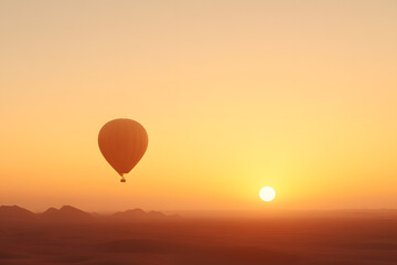 Fototapeta premium Hot air balloon over desert at sunrise. Orange sky provides dramatic backdrop for silent flight, adventure, and exploration on the horizon.
