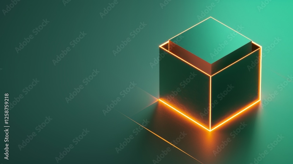 Poster a sleek and modern 3d render of a glowing minimal cube with sharp neon edges and golden highlights, 