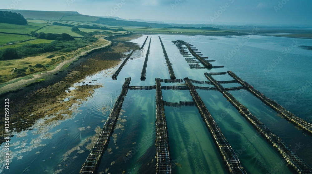 Aufkleber wooden structures stretch across calm waters, creating a unique pattern along the shoreline, with gr
