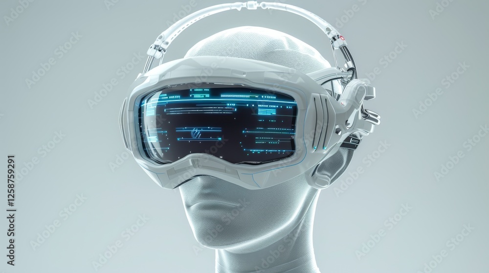Poster a cutting-edge design of futuristic goggles featuring a holographic display with vibrant digital gra