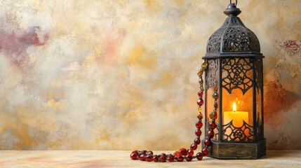 Ornate Metal Lantern Lit Candle Red Beads Warm Background
