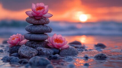 Zen stones with lotus flowers at sunset beach