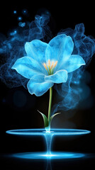 Futuristic Glowing Flower Hologram with Blue Petals and Digital Smoke Effect on Black Background.