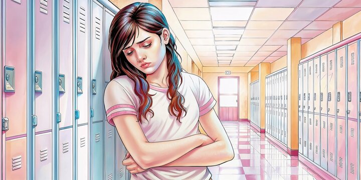 Distressed teenage girl in school hallway for anti-bullying campaigns, mental health awareness, education blogs, and youth counseling services