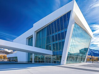 A large building with a white facade and many windows