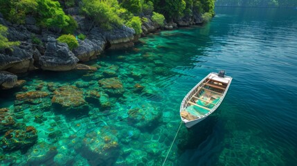 Obraz premium A wooden boat floats peacefully in clear turquoise waters, anchored near vibrant coral, with rocky cliffs and rich green foliage providing a beautiful backdrop under bright daytime skies.