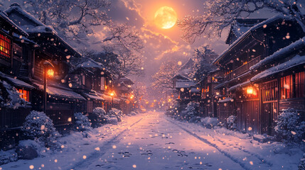 Fototapeta premium Serene Winter Night in Traditional Village Under Full Moon, Snow Covered Streets, Glowing Lanterns, and Cozy Wooden Houses in Magical Atmosphere
