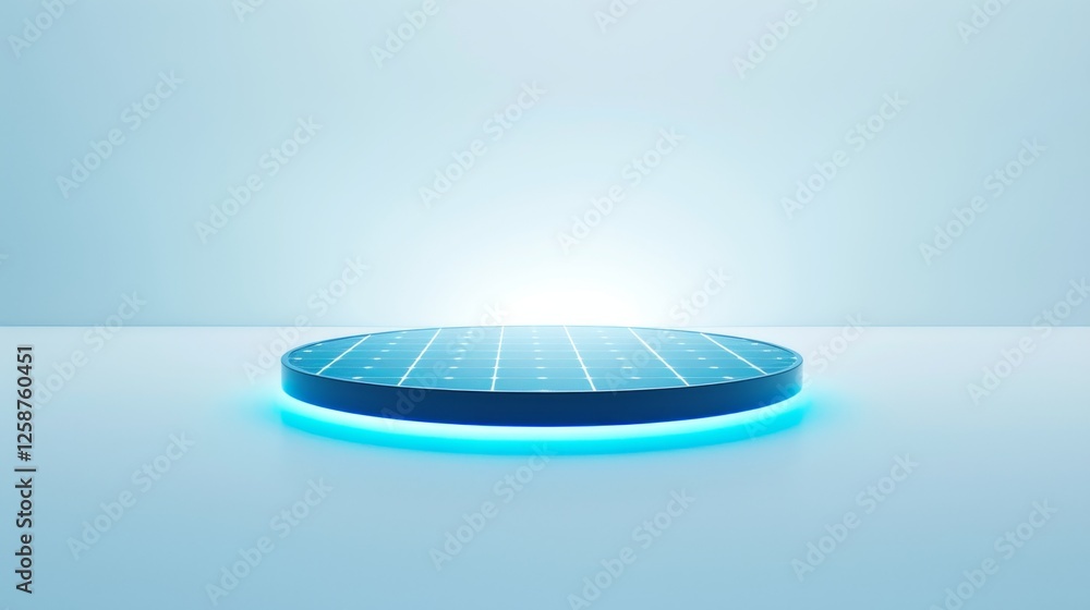 Poster a sleek futuristic platform illuminated with a glowing blue ring and grid pattern on a gradient back