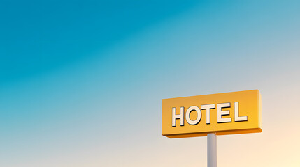 Obraz premium Hotel sign against blue sky. Golden hour glow. A beacon for travelers, promising rest and comfort in a sunny, minimalist scene.