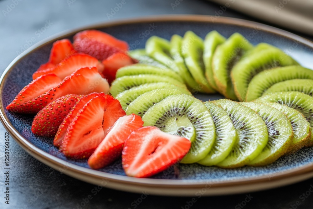 Poster a hand meticulously arranges sliced kiwi and strawberries on a dessert plate, creating an artistic a