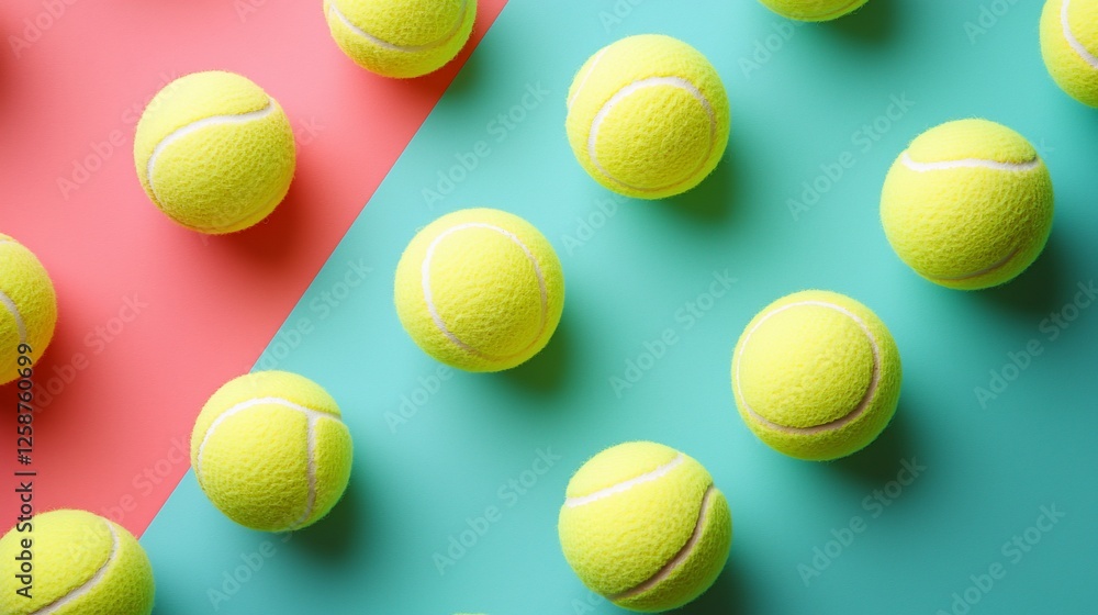 Poster Bright yellow tennis balls scattered on a vibrant split background of pink and teal