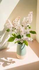 Fototapeta premium A delicate bouquet of tender lilac in a vase, set against a pastel colored background.