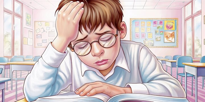 Stressed student in classroom for education blogs, mental health awareness, learning disability resources, school counseling websites, and academic support materials