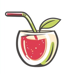 Cartoon apple juice in glass with straw, healthy drink, kids refreshment