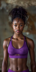 A fit and confident Black female athlete posing in a gym, showcasing her defined abs and toned physique. Dressed in sleek purple sportswear she stands with poise, exuding self-assurance and motivation