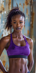 A powerful and athletic Black woman in a purple sports top, captured mid-workout in a gym. Her toned muscles and sculpted abs are highlighted as she focuses with determination.