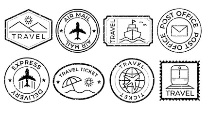 PNG Vintage travel-themed stamp designs , set on transparent background