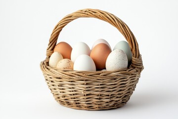 Easter basket with colored eggs on white background.