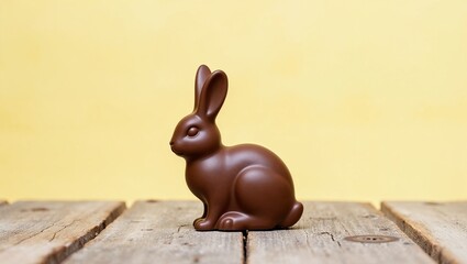 Intricately Designed Chocolate Bunny in Golden Foil on Rustic Wooden Surface Against Pastel Yellow Backdrop