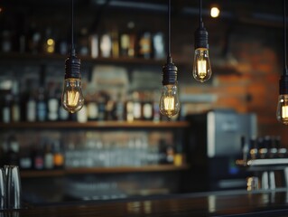 A bar with a few lights hanging from the ceiling
