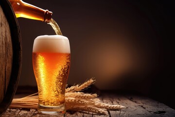 Golden beer being poured into a glass with foam on a rustic wooden surface, barley beside it, and a dark background. Ideal for brewery promotions, bar advertising, and craft beer branding