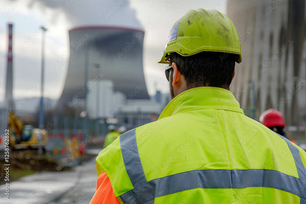 Poster engineer against of a nuclear reactor turbine in industrial setting generative ai