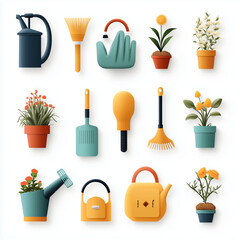 Gardening tools and plants in colorful flat design. Includes watering can, gloves, rake, and various potted flowers, creating vibrant gardening theme