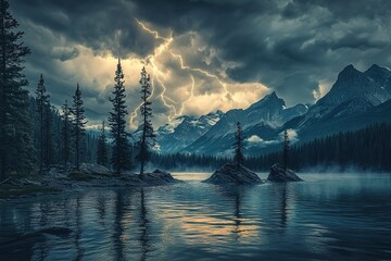 Lightning storm over a mountain lake