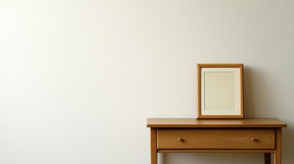 Wooden Table With Mirror Frame Against Light Wall