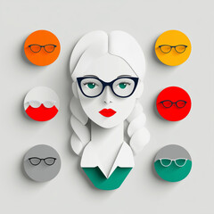 Obraz premium Stylized illustration of woman with glasses surrounded by colorful glasses icons. design features modern, flat aesthetic with minimalist approach