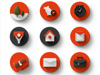 Stylish icons featuring nature, time, and home themes in vibrant red and black. Perfect for modern design projects or digital applications