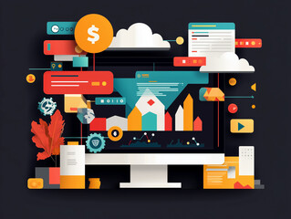 Digital illustration of computer screen displaying data analytics and cloud computing elements, featuring colorful icons, graphs, and notifications