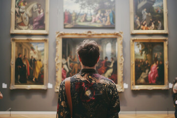 Obraz premium Person Observing Admiring Artwork in Museum or Art Gallery Exhibition study, Generative AI