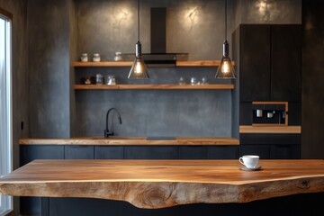 Modern kitchen island, wood countertop,  industrial design,  coffee cup, window view