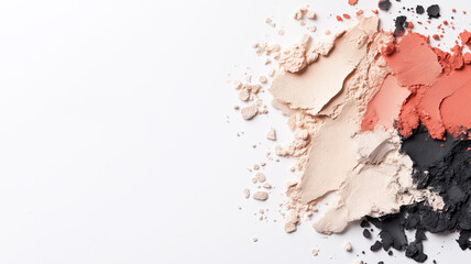 Multicolored scattered cosmetic pigments on white background. Concept of makeup, beauty industry and aesthetic compositions.