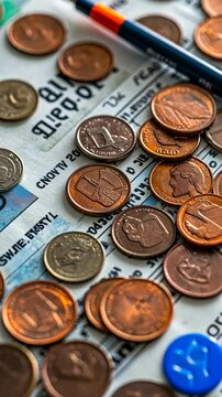 Coins are scattered over a financial newspaper with a blue pen lying nearby during a casual budgeting session