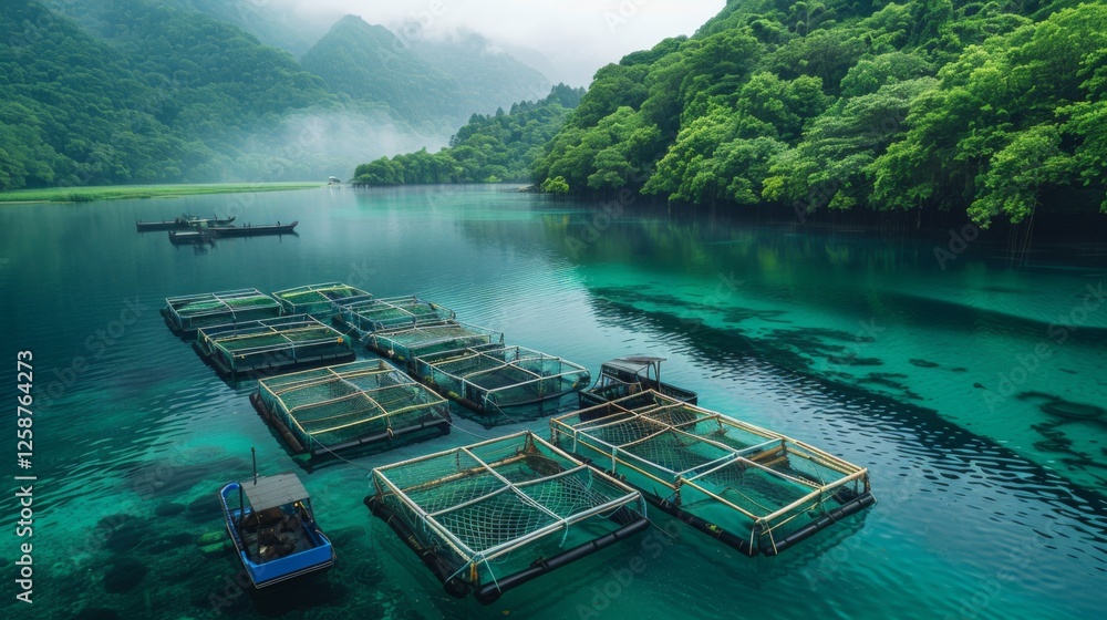 Poster colorful fish farming structures float in a tranquil lagoon, framed by verdant mountains shrouded in