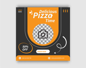 Delicious food menu social media post vector in Black and orange. Pizza Restaurant discounts offer social media posts with photo placeholders and food promotion template designs with creative shapes. 