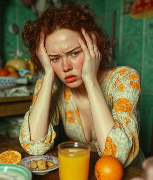 Red-Haired Woman Looking Distressed at a Breakfast Table