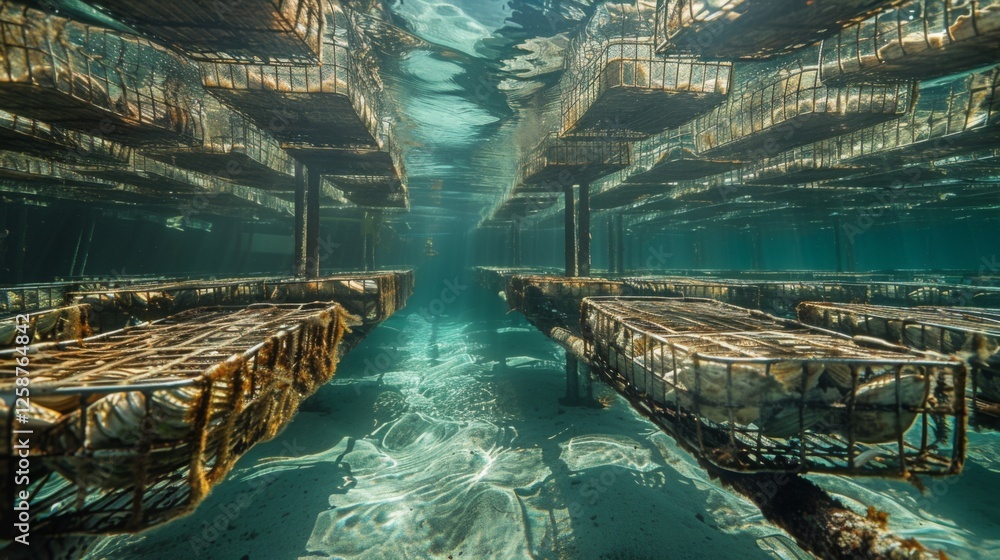 Poster oyster farming cages are submerged underwater, arranged in neat rows. sunlight filters through the w